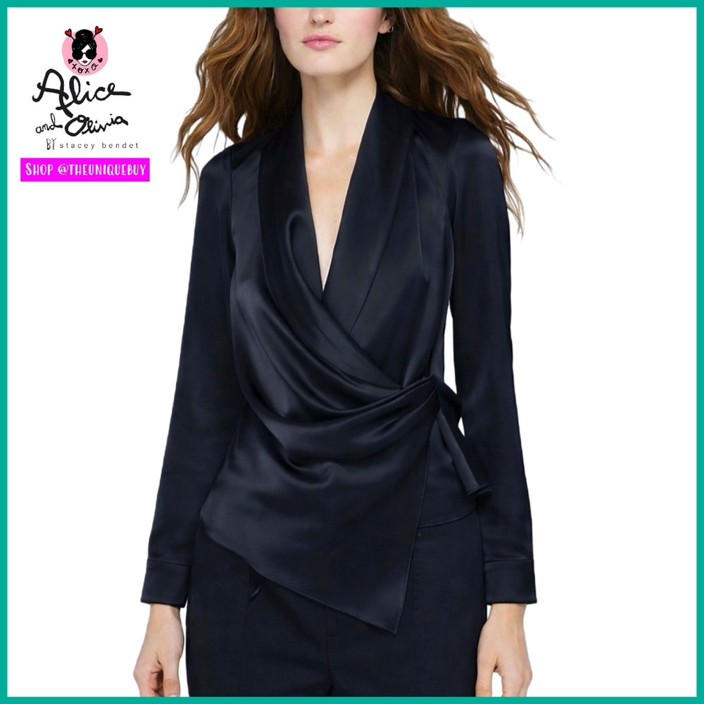 Alice + Olivia Aurora Black Satin Mock Wrap Top